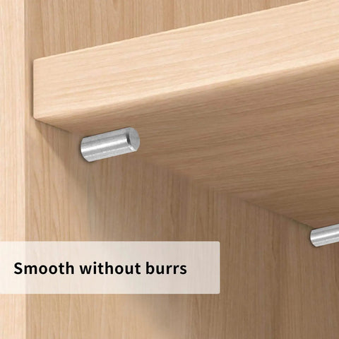 10 Pack Stainless Steel Shelf Dowel Pins 4x30mm Chamfered Ends For Easy Install Bunk Beds Cabinets And Shelves Smooth Silver Metal Pegs Durable 4mm Dowel Pins For Solid Support installed in wooden shelf close-up