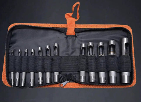 Harden Pro Hollow Hole Punch Set 12 Piece Heavy Duty CRV Steel Punch Tools With Zipper Case, 3mm to 16mm sizes, displayed in case