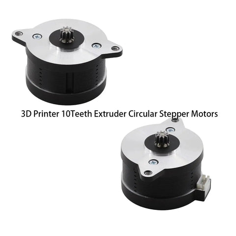 Two NEMA 14 36mm pancake stepper motors for 3D printers, showing 10 teeth extruder gears and cable connections.