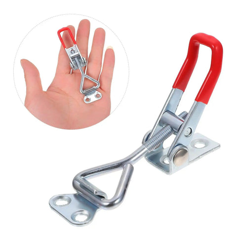 Eight Piece Adjustable Toggle Clamps Built Tough For The Shop Heavy Duty Zinc Plated Iron Box Pull Latches, hand size comparison