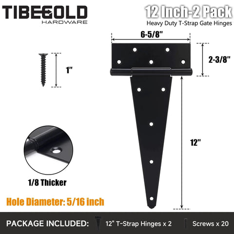 12Inch T Strap Gate Hinges Heavy Duty Black Tee Hinges For Wooden Fences Yard Gates Rustproof Iron Hardware 2 Pack diagram