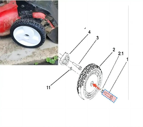 Installation diagram and photo of wheel with Shoulder Bolt Set Of 2 Replacement Wheel Bolts For Toro Lawn Mowers And Snow Throwers Part 614650 Compatible