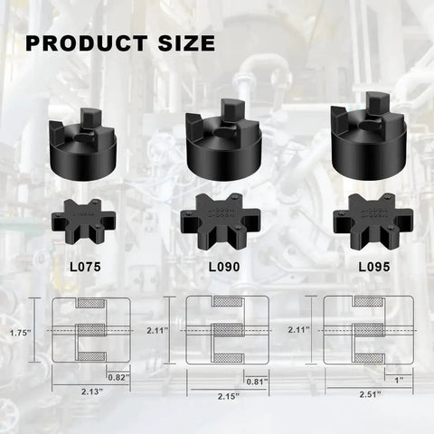 Product size comparison of L075, L090, and Heavy Duty L095 3 Piece L-Jaw Coupling Set With Buna N Rubber Spider for different shaft sizes.