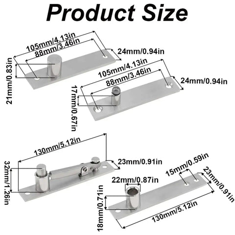 Heavy Duty Pivot Hinge for Wood Doors Stainless Steel Hidden Door Hinge with size dimensions labeled