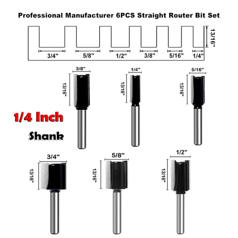 Pro Grade Six Piece Straight Router Bit Set With One Quarter Inch Shank Carbide Tipped Two Flute Bits For Woodworking Grooving Rabbet Cuts And Jointing In Diameters From One Quarter To Three Quarters Inch For A Smooth Planed Finish diagram