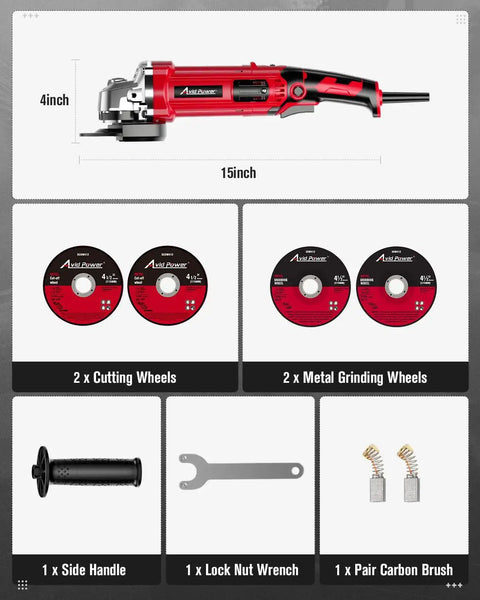 4-1/2 Inch Angle Grinder With 1000W Motor, 8 Amp, 7 Variable Speeds From 3,000 To 11,500 RPM, Paddle Switch, red tool