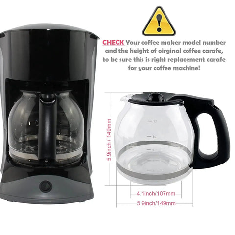 Black coffee maker beside a clear 12-cup glass carafe with black handle and lid