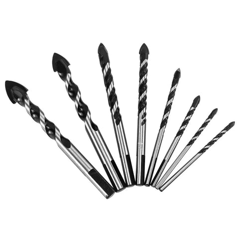 All-In-One 8 Piece Go-To Multi Material Drill Bit Set With Tungsten Carbide Tips arranged on white background