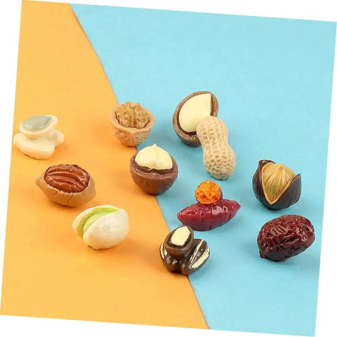Twenty Piece Miniature Resin Nut Embellishments For Dollhouse Food Props Realistic Walnuts And Nuts For DIY Crafts On Colored Background
