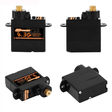 2 Pack 4.3G Mini RC Servo Digital Coreless Metal Gear for RC models, front and side views, showing compact design and motor detail.