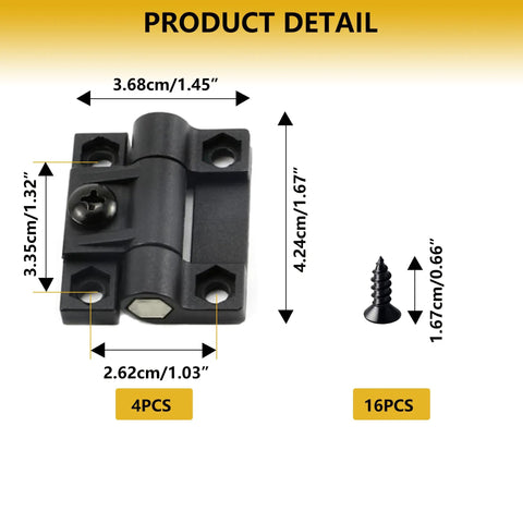 4 Pack Adjustable Torque Hinges Black Plastic Friction Hinges with screws shown, 43mm by 36mm, dimensions labeled.