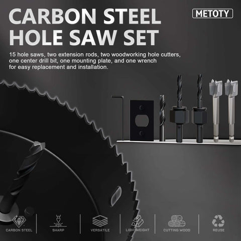 Complete 22 Piece Hole Saw Kit With High Carbon Steel Blades For Drywall Soft Wood Plastic And PVC Pro Grade With Instant Support And A Wide Range From 19 Millimeters To 152 Millimeters, showing blades and tools on display.
