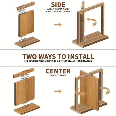 Installation methods for Rock Solid Heavy Duty Pivot Hinge Set For Secret Doors And Hidden Compartments, showing side and center use.