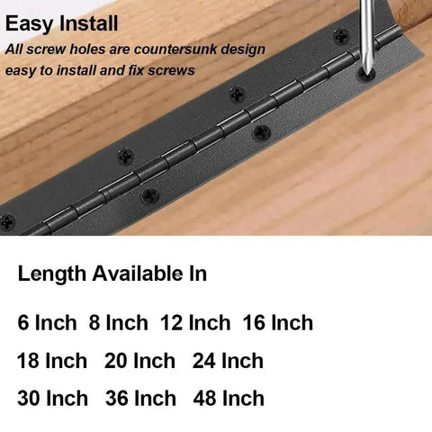 Front view of 2 Pack 30 Inch Stainless Steel Piano Hinges Black Heavy Duty For Cabinets installed with screws
