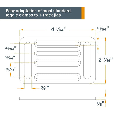 Diagram showcasing dimensions of Toggle Clamp Mounting Plate Kit With Round 5/16-18 Knobs And T-Bolts For T-Track Accessories.