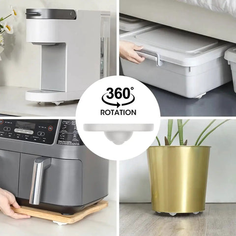 Self Adhesive Caster Wheels For Kitchen Appliances Aieve 8 Pack in use with appliances and storage, showing 360-degree rotation feature.