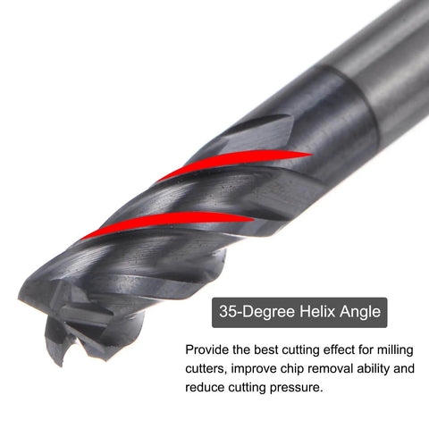 Close-up of a 35-degree helix angle on 2 Pack 5mm Square Nose End Mills With 4 Flutes HRC45 Carbide AlTiN Coated Router Bits