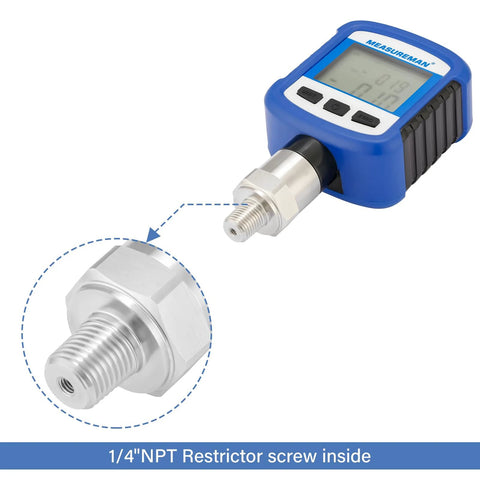 MeasureMan blue digital pressure gauge with 1/4'' NPT stainless steel connection and LCD display