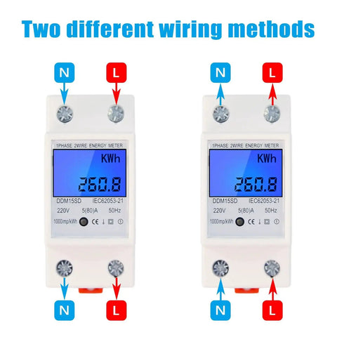 No Fuss Single Phase Energy Meter 5 To 80A DDM15SC With LCD Display shown with two wiring setups for DIN Rail Mount