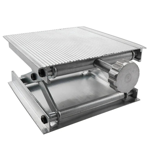 Front view of LQ Industrial Lab lifting platform, aluminum alloy frame, 90mm travel, screw jack
