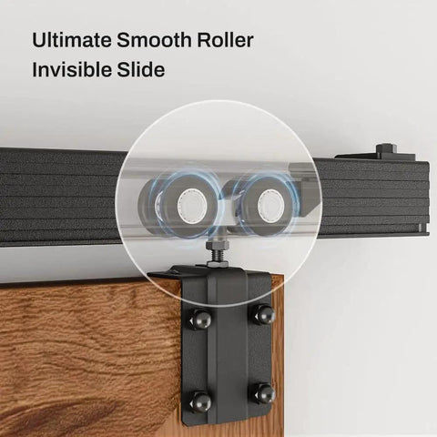 Close-up of 8 Ft Box Rail Sliding Barn Door Track Kit, Heavy Duty Aluminum Alloy Wall Mount, smooth rollers in operation