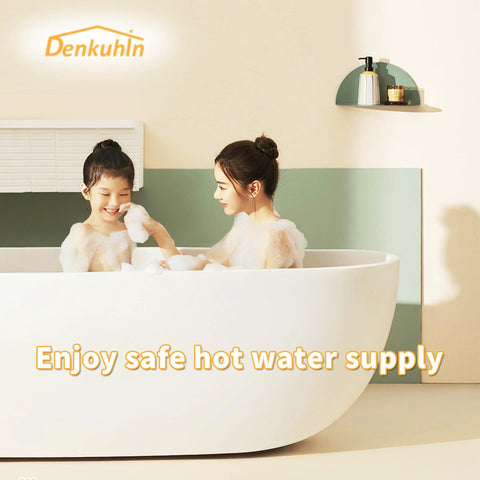 Denkuhin water heater pilot assembly front view in a home bathroom with a white tub