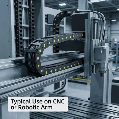 Industrial setup showcasing Cable Drag Chain 25x77mm Closed Type R55 for CNC machines, guiding cables securely on a robotic arm.