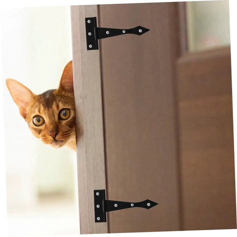 Cat peeking from a door with Heavy Duty Iron Cabinet Hinges 8 Pack For Residential Doors High Load Bearing Capacity With Smooth Burr Free Edges.