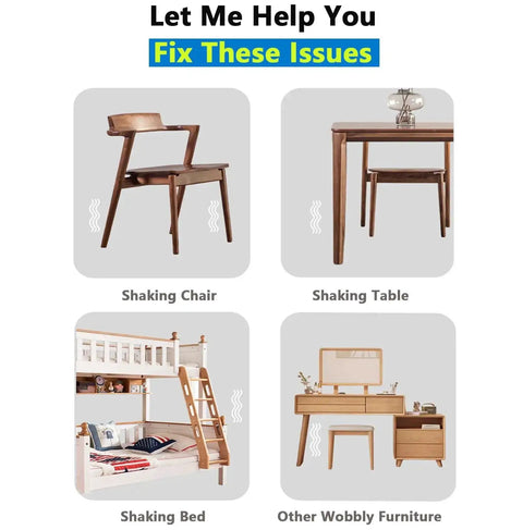 Image of wobbly furniture including a shaking chair, table, bed, and dresser illustrating uses for 40 Small White L Brackets With 80 White Screws Set.