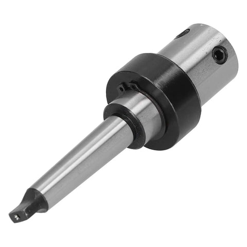 Arbor Morse taper internal-cooling drill sleeve adapter MT2, 19.05 mm shank, side view, silver with black collar