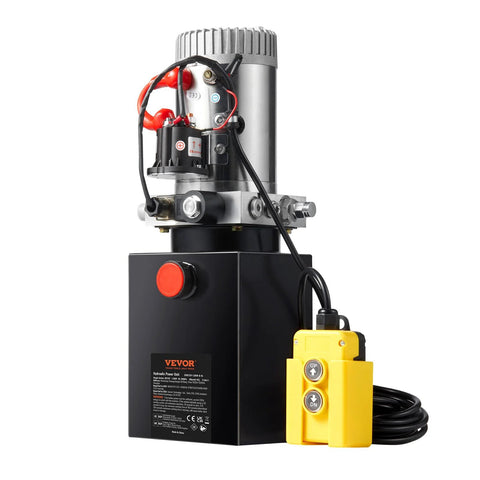VEVOR hydraulic power unit with black control box, red start button, silver motor, and yellow remote.