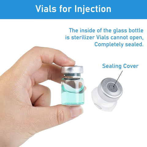 5ml glass injection vial with turquoise liquid; 2-piece set including sealing cap.