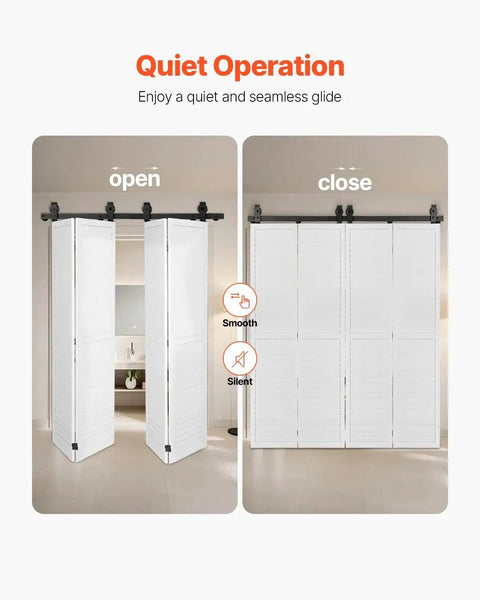 Bi Folding Sliding Barn Door Hardware Track Kit Heavy Duty Steel Rails For Four 12 Inch Closet Pantry Laundry Doors Bifold Sliding Door System Smooth Quiet Operation Easy To Install For Residential And Commercial Use installed view showing open and closed positions
