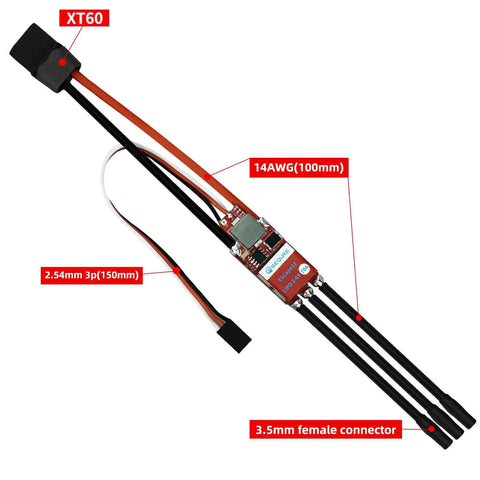 Beefy 70A Brushless RC ESC For 2-6S LiPo With 128KHz Control 5V 4A BEC Reverse Tow Brake, connectors and wiring shown