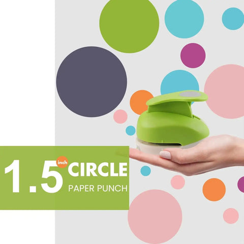 1.5 Inch Circle Hole Punch For Crafts And Scrapbooking held in hand, green puncher creating colorful circles for DIY projects.