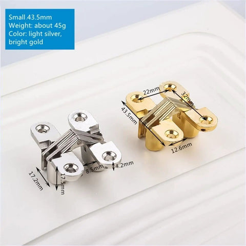 Hidden Concealed Cross Door Hinge 8x42mm With Screw For Wood Or Metal Doors And Cabinets Folding Doors Windows 180 Degree Swing Silver DIY Furniture Hardware, silver and gold hinges on a white background.