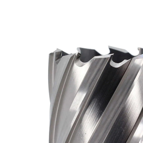 Close-up of annular cutter teeth, visible grooves and edge detail, Annular Cutter One Seven Eighths Inch Cutting Diameter And Two Inches Depth Of Cut For Magnetic Drill Press With Three Quarters Inch Weldon Shank And Two Flat Pilot Pin Ready Heavy Duty Mag Drill Bit One Piece OSCARBIDE.
