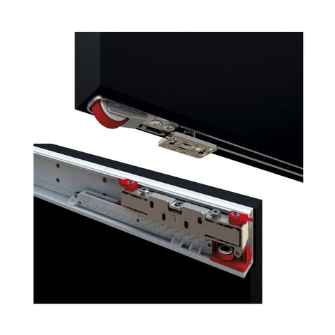 Close-up of Floating Door System Pro Grade Sliding Track Kit With Concealed Barn Door Hardware Patented Designs Made In Italy