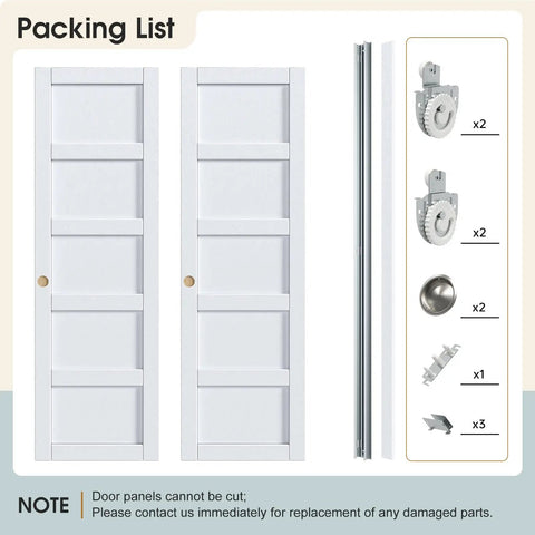 Sliding Closet Door 48x80 Inches, Five Panel Bypass Barn Doors With Concealed Hardware Track Kit Included in white finish.