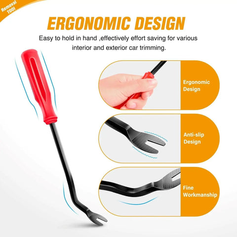 Ergonomic car trim removal tool with red handle and black shaft, illustrating design features for easy car interior trimming.