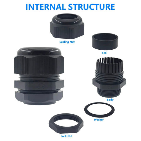 2 Inch NPT Strain Relief Nylon Cord Grip 5 Pack Waterproof IP68 glands parts layout with sealing nut and lock nut.