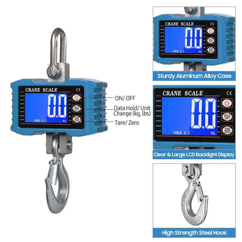 Built Tough Workhorse Hanging Scale Digital Crane Scale 1000kg 2204lb With LCD Backlight Unit Change Data Hold Tare Zero