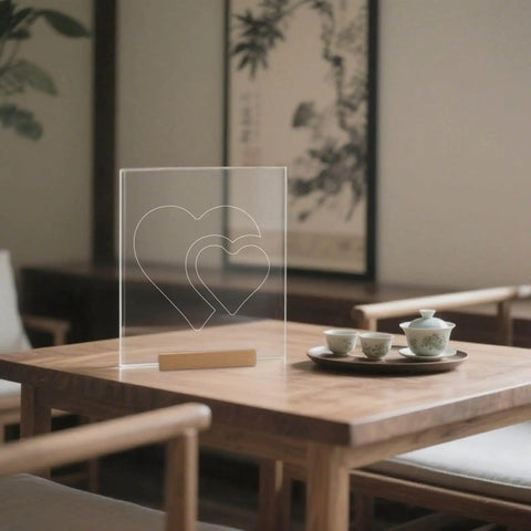 Clear Acrylic Double Heart Router Templates for Woodworking, 5mm thick inlay guides with base, displayed on a table.
