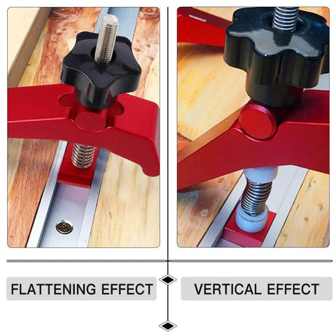 Aluminum T Track Hold Down Clamp For Woodworking in red, showing flattening and vertical effects with strong clamping force.