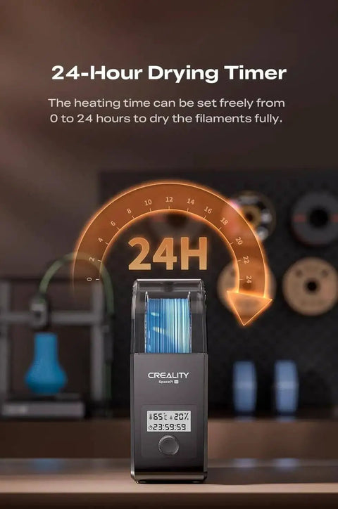 24-hour drying timer on Upgraded SpacePi SE Filament Dryer For 3D Printers showing digital display in a workshop setting.