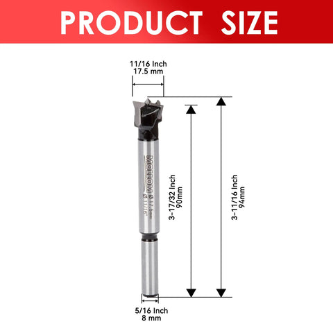 Pro Grade Forstner Drill Bit Eleven Sixteenth Inch 17.5mm YG8 Carbide 91HRA Heavy Duty Precision Cutter 60mm Depth Size Diagram