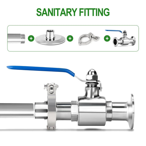 Stainless steel TAISHER 2-piece sanitary fitting: 1.5in tri-clamp to 3/4in NPT female with blue lever valve.