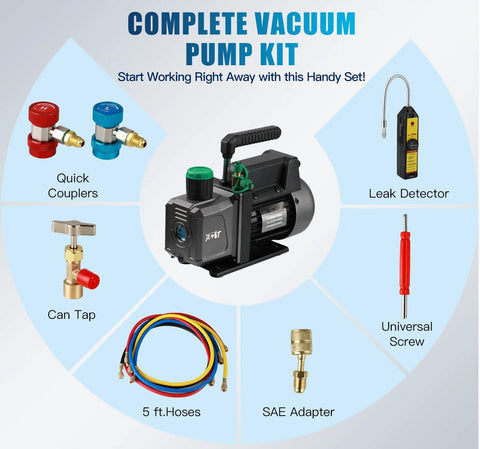 PB Motor TECH vacuum pump kit, 4.5 CFM, 1/3 HP; includes hoses, quick couplers, leak detector, can tap