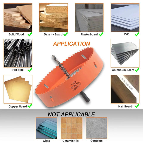 Image showing materials compatible with the Six And A Quarter Inch Hole Saw Kit With Dust Bowl For Recessed Can Lights Bi Metal Construction Includes Arbor Hex Key.
