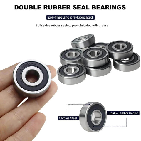 10 Pack 6200-2RS Double Rubber Seal Deep Groove Ball Bearings 10x30x9mm, shown pre-lubricated with chrome steel construction.